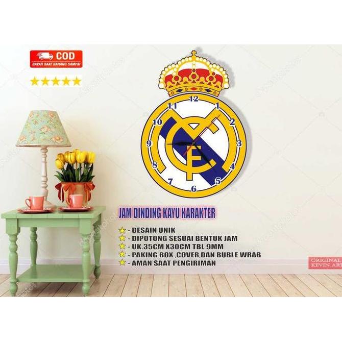 Jam Dinding Real Madrid ukiran kayu dekorasi kamar ruang tamu aesthetic