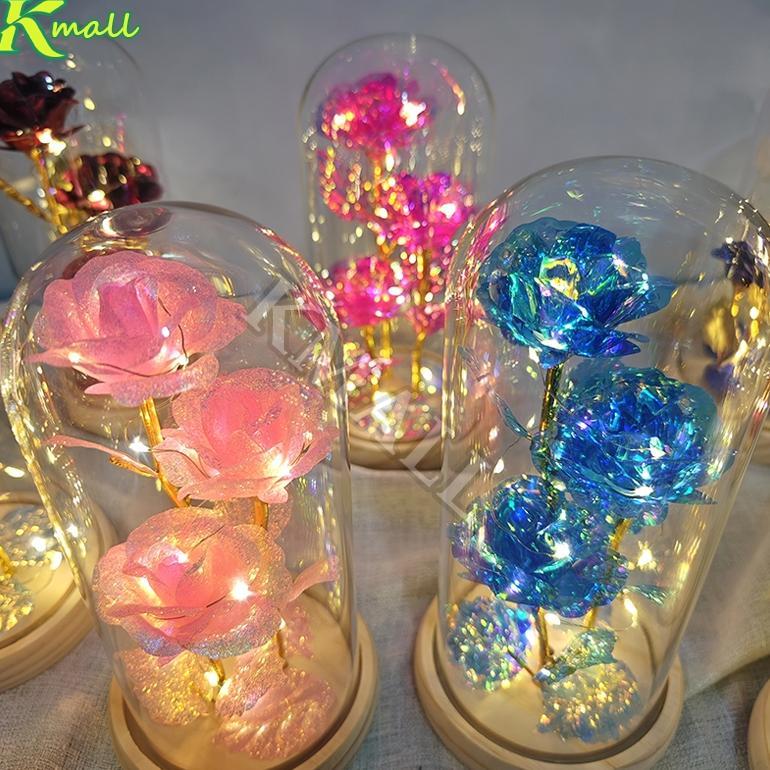 Bunga Mawar Akrilik Box Led Lampu Beauty And The Beast 3 Rose Gift Valentine Mawar Light Hadiah Orig