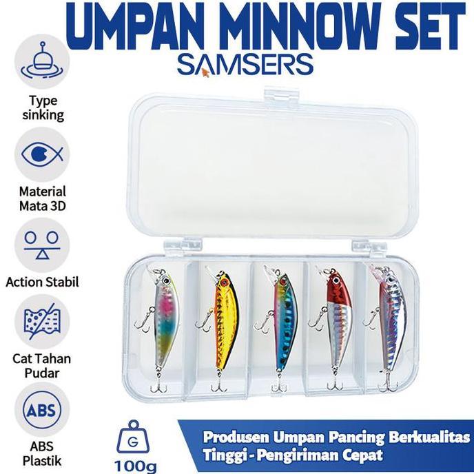 Samsers Outdoor Umpan Pancing Minnow Sinking 5.5cm/6g 5pcs Set 5 Warna Mata Tajam BKB untuk Casting 