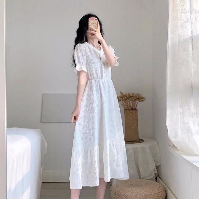 Ftx- Missmoka Alice Midi Dress Flare Dress Kerah V Gaya Vintage Lengan Panjang/Pendek Putih