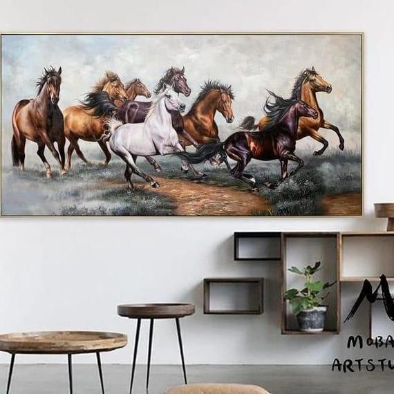 Terlaris Lukisan Dinding Kuda Modern Lukisan Kuda Lari 8Ekor Lukisan Hiasan Ruang Tamu Frame