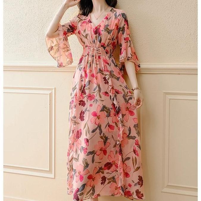 Ftx- D1102 Gentlee Korean Style Floral Vintage Maxi Dress Bumil Hijab Pantai Liburan Manis Jalan Bun
