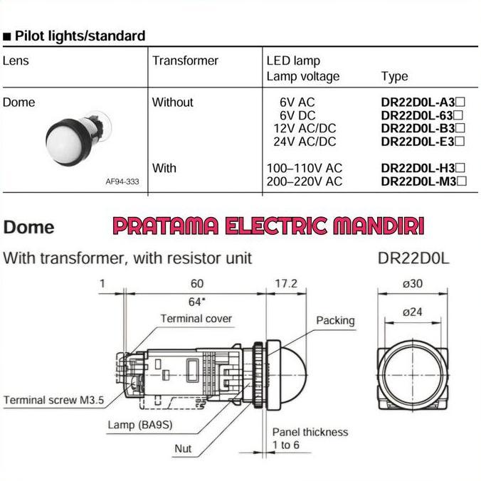 FUJI ELECTRIC PILOT LAMP INDICATOR LAMP LAMPU INDIKATOR BULB 22MM DR22DOL-S4R DR22D0L-S4R 350VAC 380