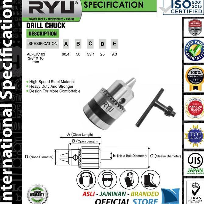 RYU Kepala Chuck 10 mm 3/8" inch Perkakas Bor Tangan Drill Chuck RYU dengan Kunci Pemutar Chuck Tekn