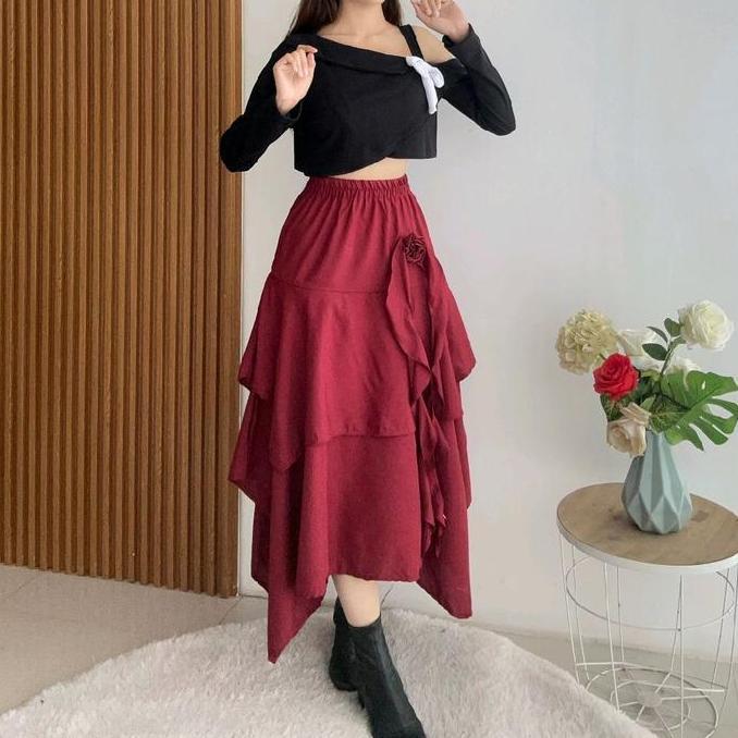 Rok Panjang Bellerose Skirt Korean Style Aesthetic // Skirt Korean Style Bunga Rok Susun HS