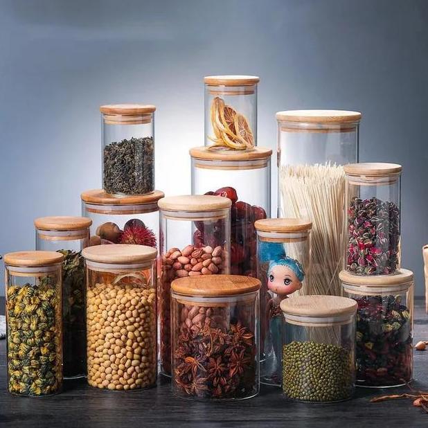 Toples kaca kedap udara tutup kayu / toples bumbu dapur makanan snack