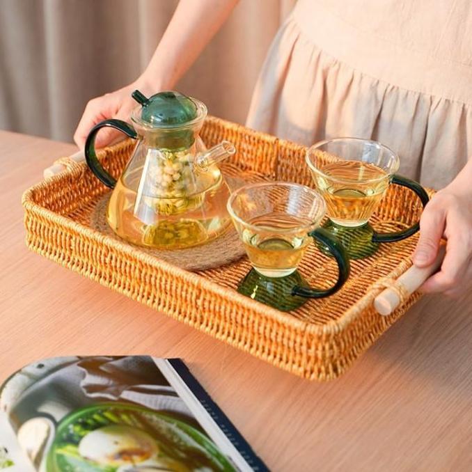 Tatakan Nampan Rotan Fruit Tray Basket With Handle Model Square LC