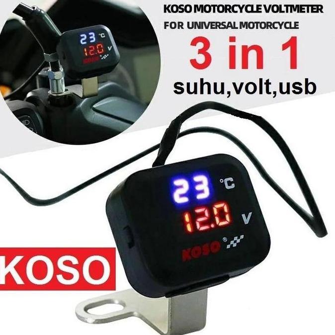 Koso Voltmeter  Pengukur Alat Ukur Tegangan Aki Suhu Digital Jam dengan USB Charger 12V 24V Waterpro