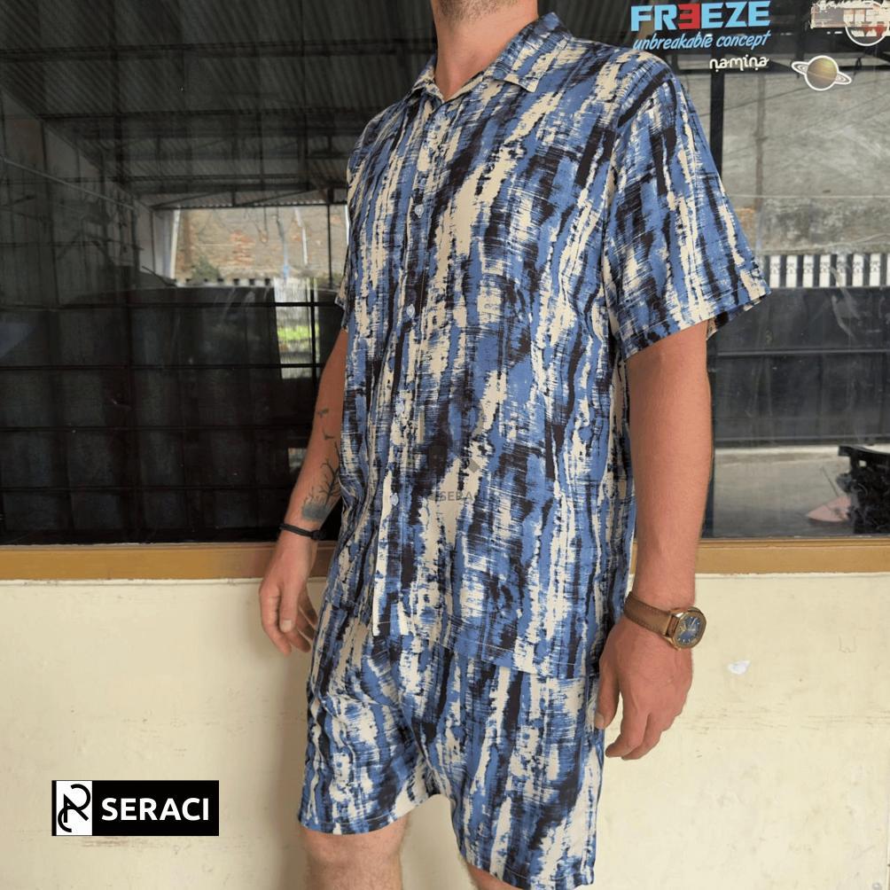 Diskont Seraci - One Set Kemeja Pria Dan Wanita Setelan Celana Pendek Hawaii Daily Outfit Pantai Bah