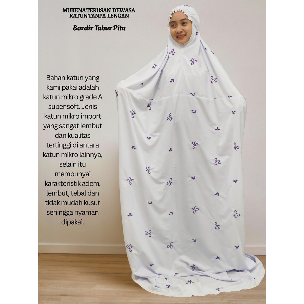 Mukena Terusan Tanpa Lengan Size Dewasa Jumbo Katun Mikro Motif Bordir Tabur Pita