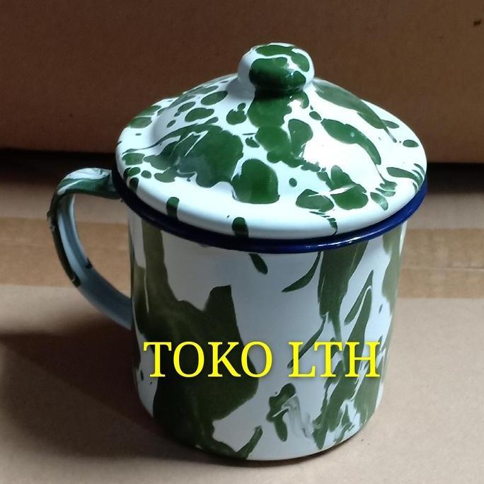Mug 12 Cm Lurik Blirik Blurik Cangkir Tutup Enamel Gelas Kaleng Jadul