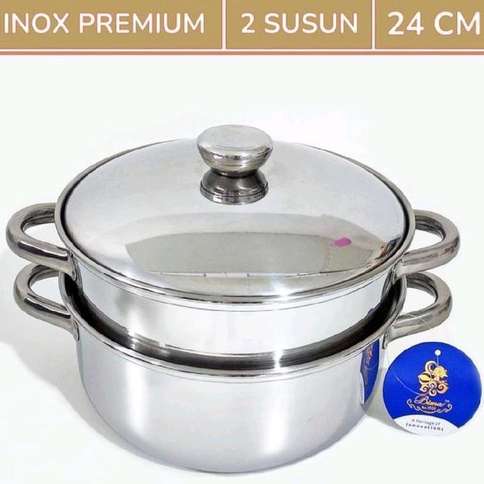Bima : Panci Langseng Kukusan Steamer Set Stainless + Tutup 24 Cm Susun 2 Bima Prima Inox Premium Bi