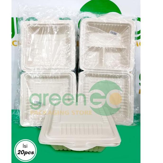 Meal Box Polos Sekat 3 Isi 20Pcs Bagasse Lunch Box Korean Bento Cake