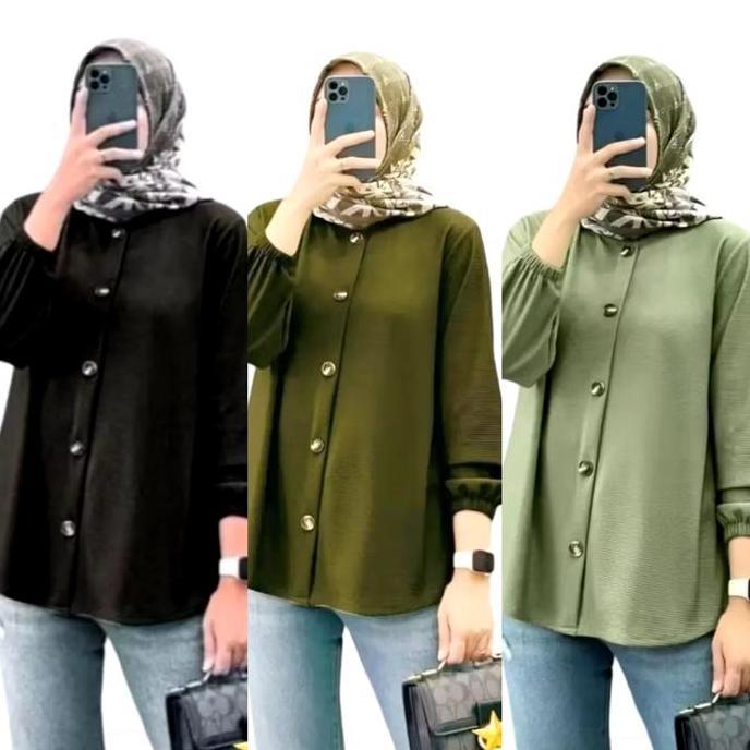 Baju Atasan Kemeja Outfit Long Sleeve Kerah Kancing Depan Jumbo Basic Wanita Perempuan Cewek Dewasa 