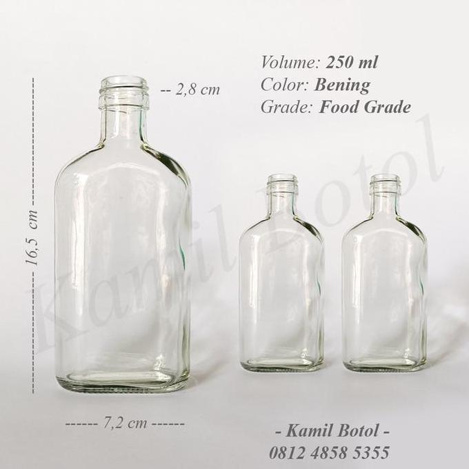 Botol Kaca Bening Gepeng 250ml BARU Termasuk Tutup