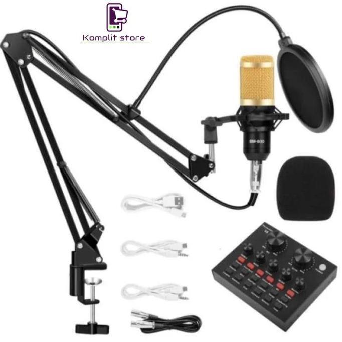 Volwe- Paket Full Set Mic Bm 800 + Stand + Soundcard V8 Miko Kimiso Audio Mixer -  Mikrofon Mic Bm80