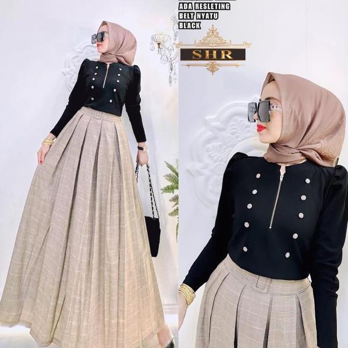 Ready new SHR stelan rok kotak+blus rajut+stelan rok rajut kotak list pink manis GS