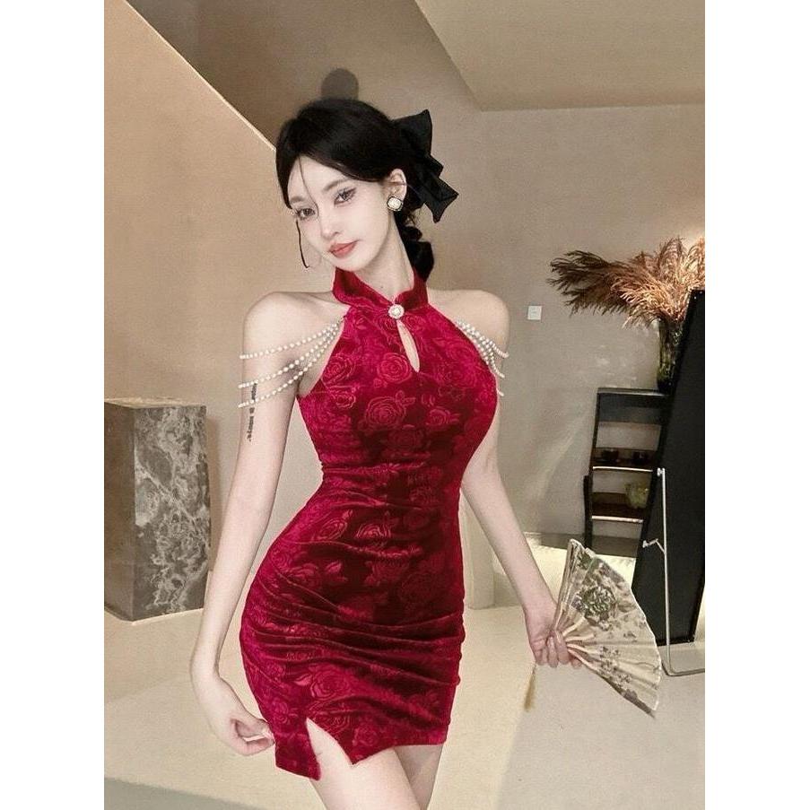 Termurah / Hot Sale Mini Cheongsam Dress With Pearl Design | Dress Imlek Halter Neck Sexy Elegant Lo