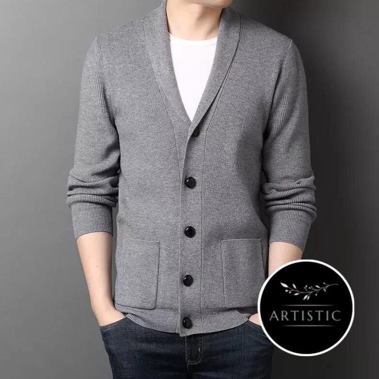 NEW Sweater Cardigan Pria Korea Polos Casual Cotton Rajut Tebal Premium [terbaik][terlaris]