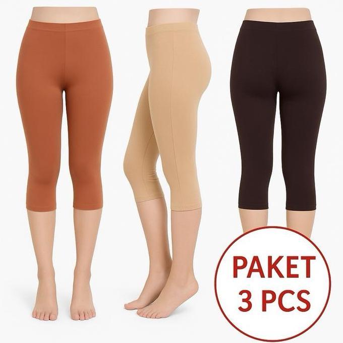 Wmn- Paket 3 Pcs Legging 3/4 Spandek Licin Polos Celana Pendek Wanita Dewasa Standar Lembut Nyaman N