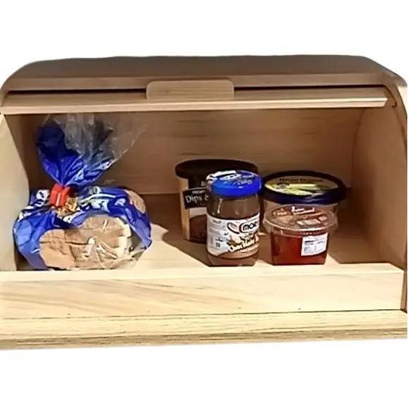 Bread Box tempat penyimpanan roti serbaguna tutup setengahl Kayu