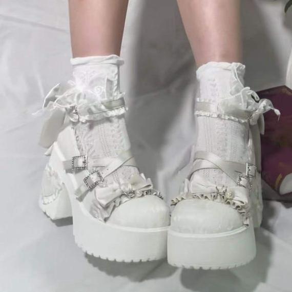 Ptursa_Sejati - Pinkey P418 Lolita Platform Heels Sepatu Kawaii Renda Pita Pastel Pink/Putih/Biru Ha