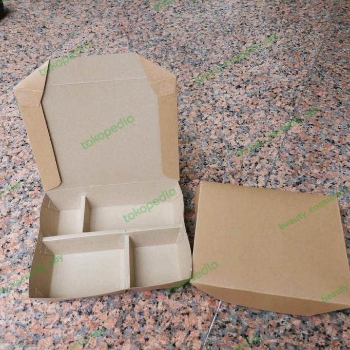 Paper Lunch Box 4 Sekat / Kotak Nasi Kertas Tray Bento (Coklat)