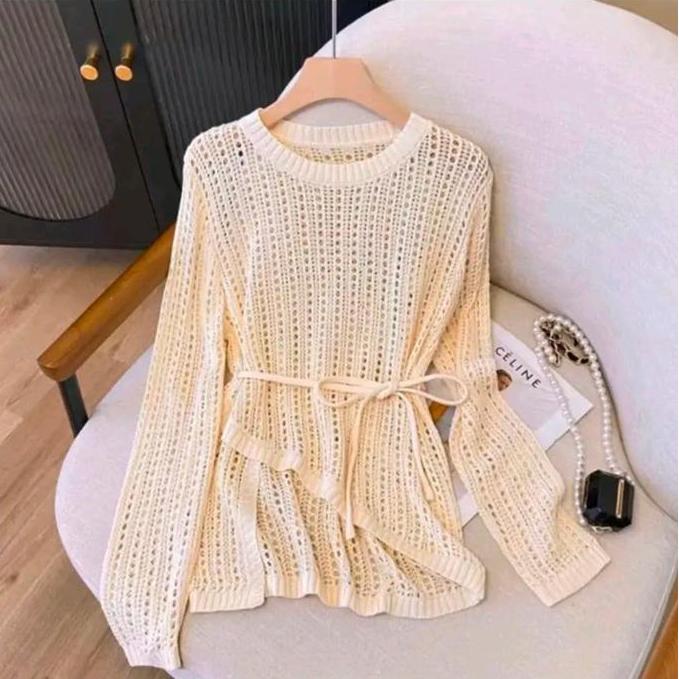 AI163 }} adzkiaa_yuruma sweater rajut wanita panjang | atasan rajut wanita jaring tali | Outer Baju 