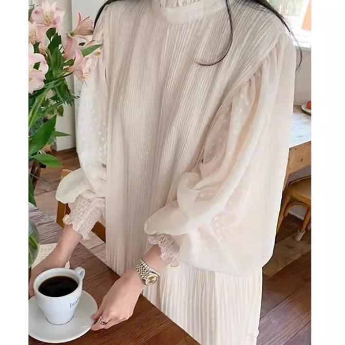 Long Dress/ Gaun Muslim Cream Simple Wanita Style Korea Big Size Gamis Maxi Pesta Fairy Collar Mewah