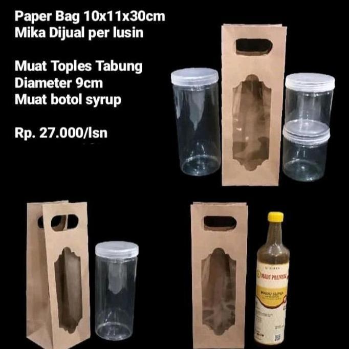 Picx- Paper Bag 10X11X30Cm Mika Cocok Utk Botol Syrup Atau Toples Tabung Dijual Per Lusin