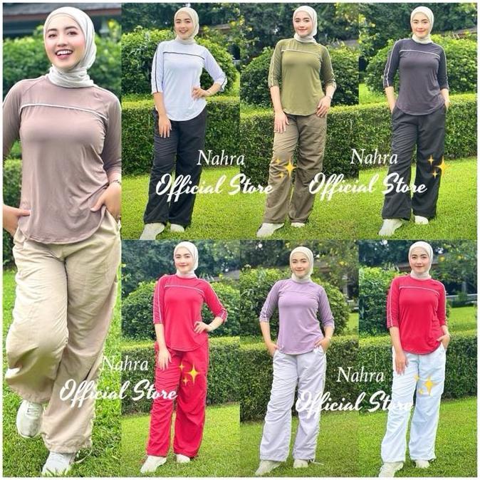 Nahra Setelan Atasan Double List & Cargo Ritzuka - Baju Senam Bahan Spandek & Celana Bahan Parasut u