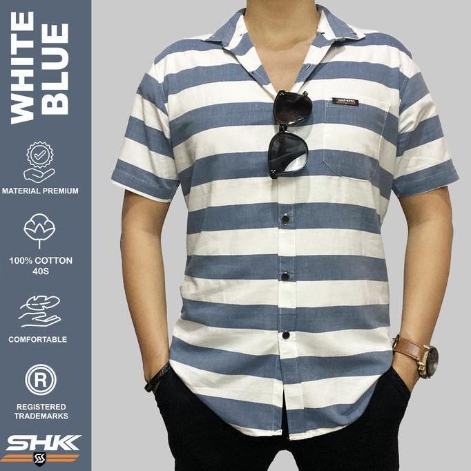 Xxxy- Shk Kemeja Stripe Series Cowok Cewek Katun Twill Baju Lengan Pendek Motif Salur Garis Atasan D