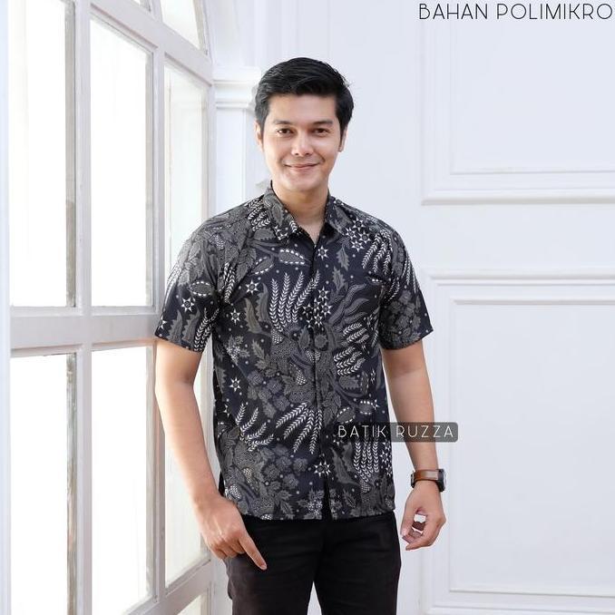 Xxxy- Ruzza Baju Batik Pria Kemeja Lengan Pendek Hem Motif Hitam Biru Hijau