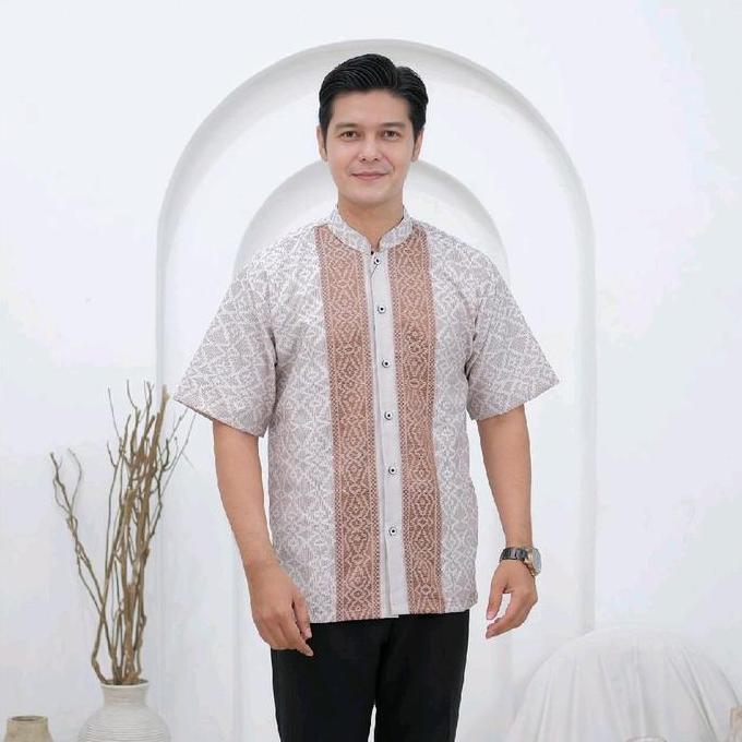 Baju Pria Dewasa Lengan Pendek Koko Murah Terbaru Cowok Muslim Katun Atasan Kurta Motif - Songket Gr