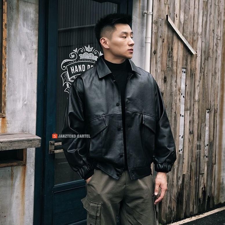 NEW JNK x MINJON - Jaket Pria Bomber Tactical Oversize Retro Bahan Semi Kulit Sintetis Viena Faux Sy