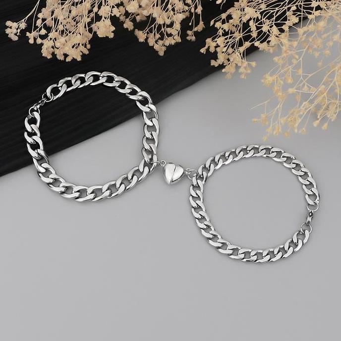 NAKATEKNO Gelang Pasangan Magnet Cinta Jahitan Baja Titanium Pasangan Dua Lapis Bracelet Detak Jantu
