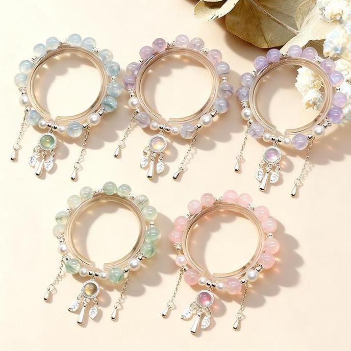 NAKATEKNO Gelang dengan Manik Kristal Warna-Warni Berbentuk Tetesan Air dan Manik Kaca, pada Tali El