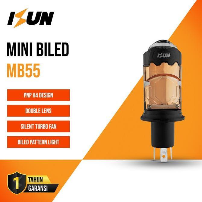 ISUN Lampu H4 Mini BILED MB55 Flat Cut Off dengan Double-Lens Laser dan Kipas Pendingin DC9-60V/50W