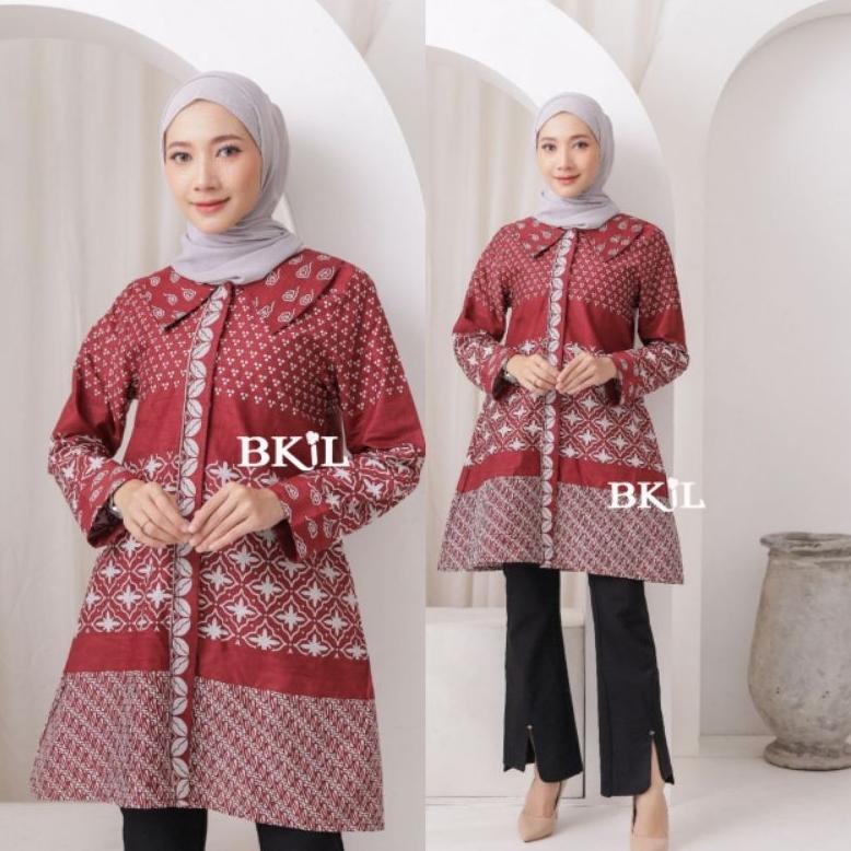 CUCI GUDANG Atasan Wanita Tunik Batik Bunga Kerja Modern Katun Pink Biru Tali Resleting Belakang