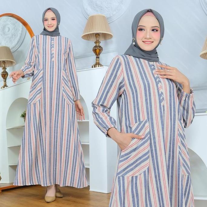 Midori-Bazla Dress-Gamis Salur Linen Import - Gamis Wanita Dewasa Muslim
