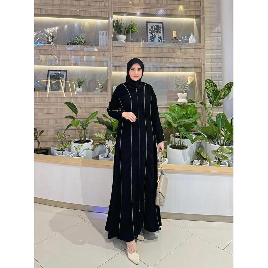 Galeri Sicantik - Cod - Gamis Abaya Hitam Polos Tangan Kancing Full Resleting Kombinasi Payet