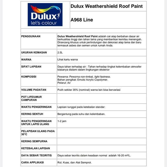 Cat Genteng Dulux Weathershield Roof (2.5 LT)