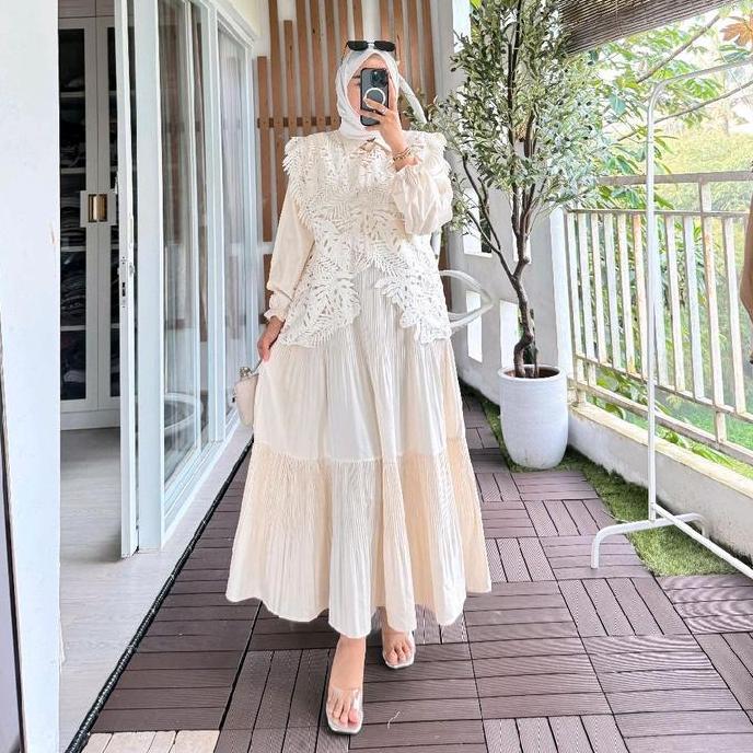 Avr Gamis Wanita Kode 2860.6 Motif Vest Daun Bahan Silk Plisket Nonbusui Friendly Muslim Variasi 4 W