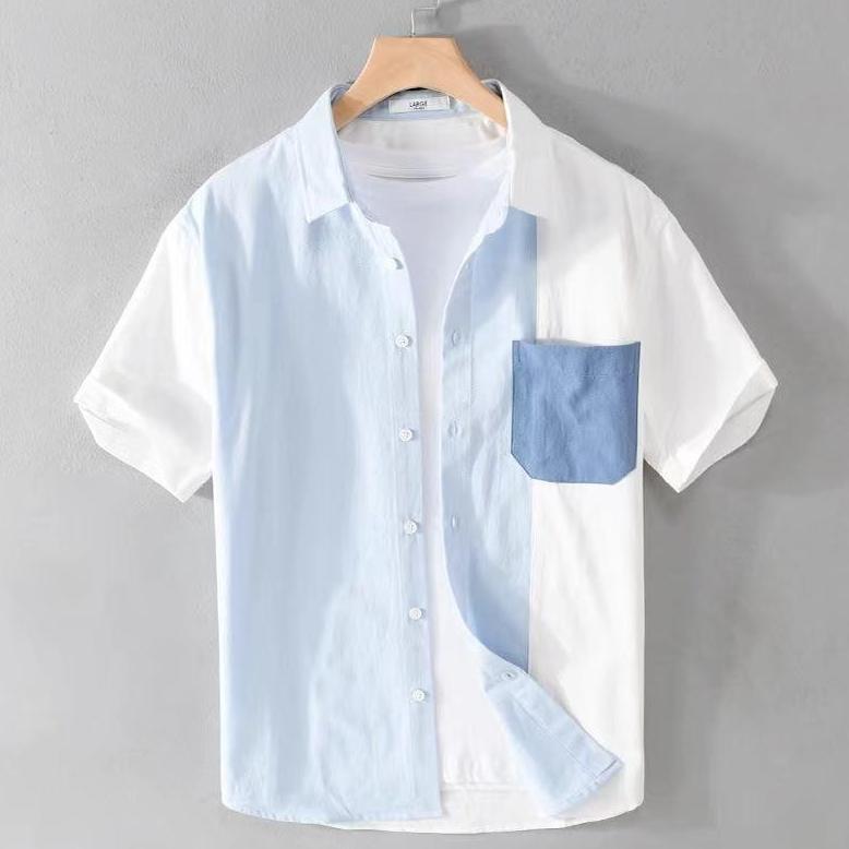 HOT kemeja pria Lengan pendek jumbo cowok hawaiian motif abstrak putih biru casual hawai shirt fashi