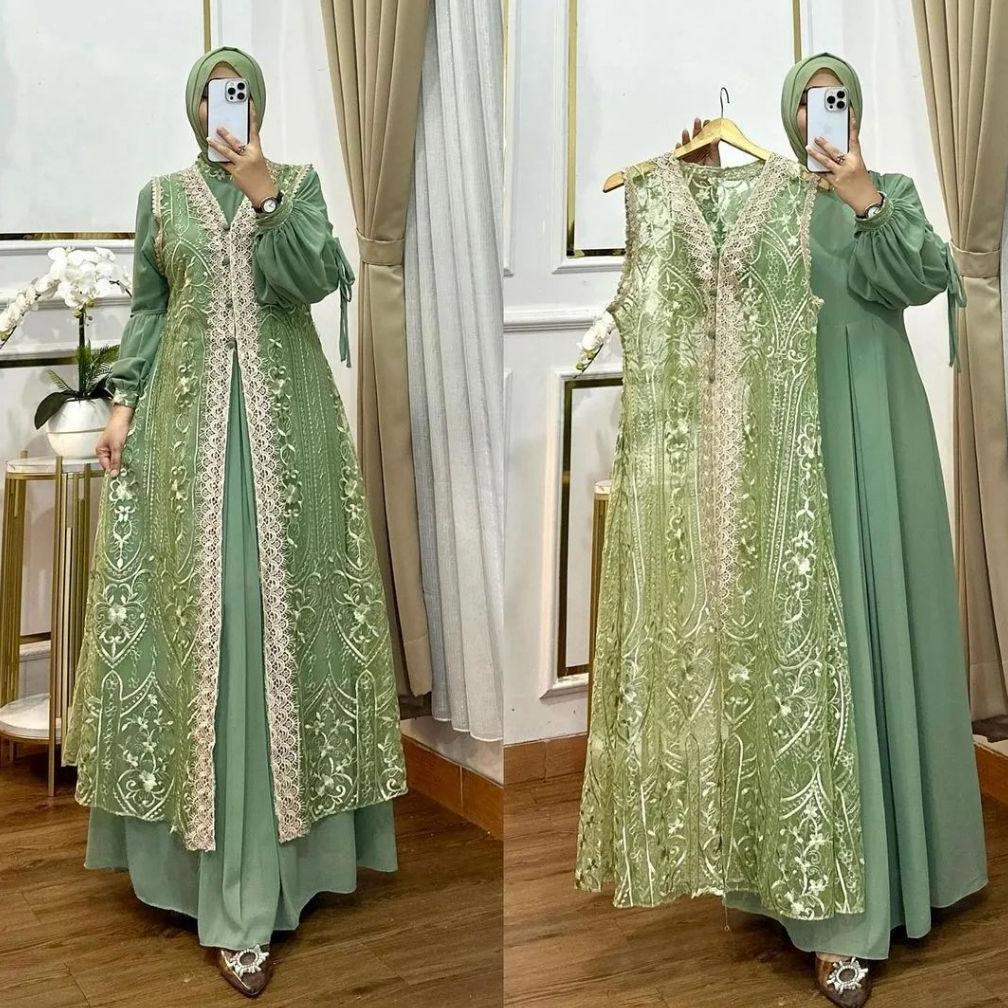 Gamis Abaya Putih Bunga Azizah Dress Bahan Ceruty Baby Doll Mix Brokat Full Puring Gamis Putih Mewah