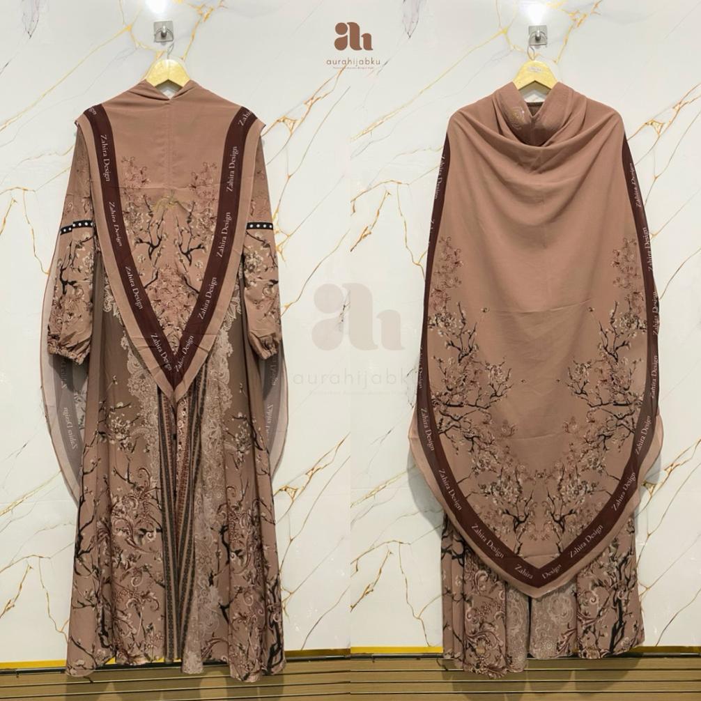 [798] Gamis Sabila Set syari Ceruty Baby Doll Motif Printing - Khimar Syari - Gamis Mewah Elegan