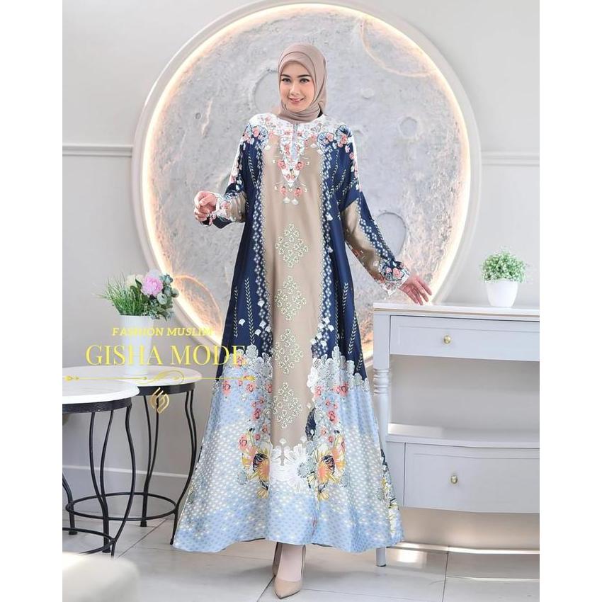 Murah Gisha Collection-MEDINNA Gamis Abaya Bahan Silk Premium |Gamis Motif Jumbo Ld 130 cm Warna Nav