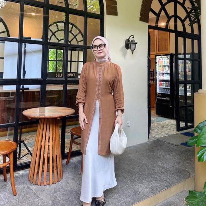 MURAH LEBAY Ayunda Tunik Muslim Kancing Panjang Melayu Wanita Pollo linen MURAH LEBAY