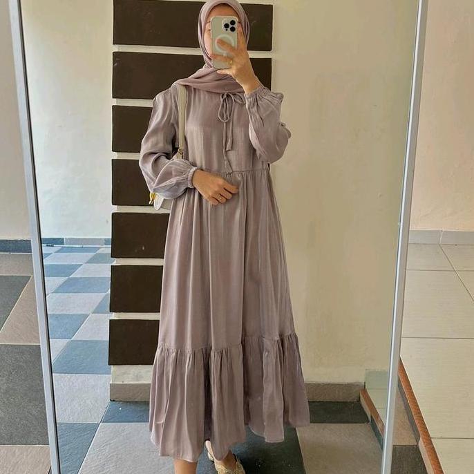 Murah Midi Dress Kode SM Shimmer Luxury Tali Leher Kekinian Polos Wanita Cantik Muslim Nyaman Non CO