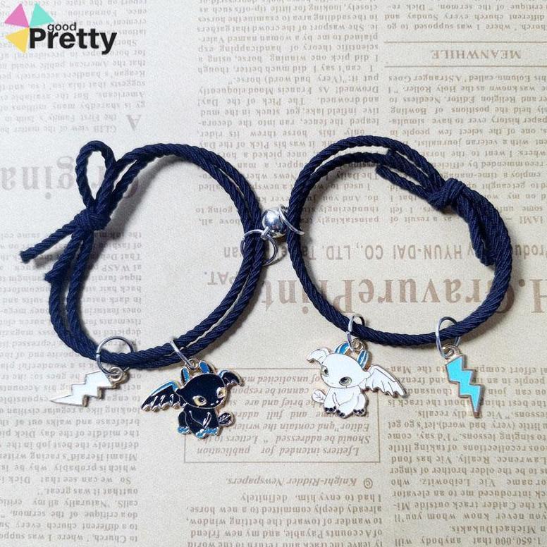 2Pcs Gelang Couple Magnet Gelang Kapel Elastis Pasangan Pria Dan Wanita Kartun Dikepang Tali Tangan 
